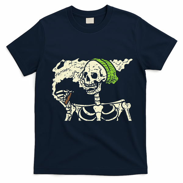 Smoking Skeleton Joint Funny Weed Pot 420 Cannabis Halloween T-Shirt - Navy Blue