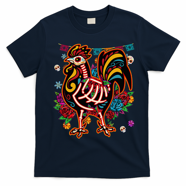 Sugar Skull Mexican Chicken Bone Halloween Day Of Dead T-Shirt - Navy Blue