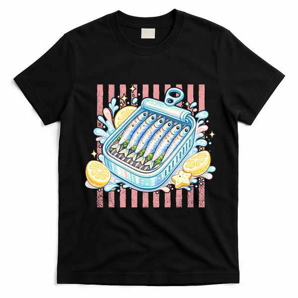 Sardines Tinned Fish Retro Striped Kawaki Anime T-Shirt - Black