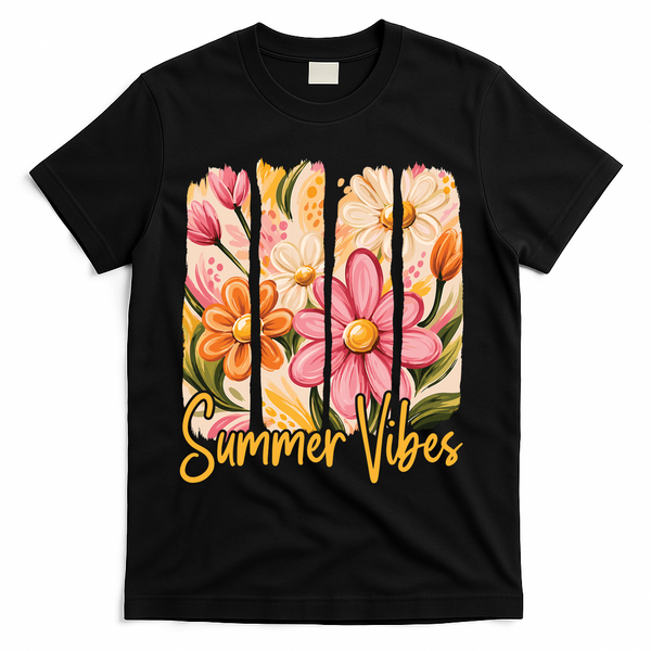 Summer Vibes Floral Beach Life T-Shirt - Black