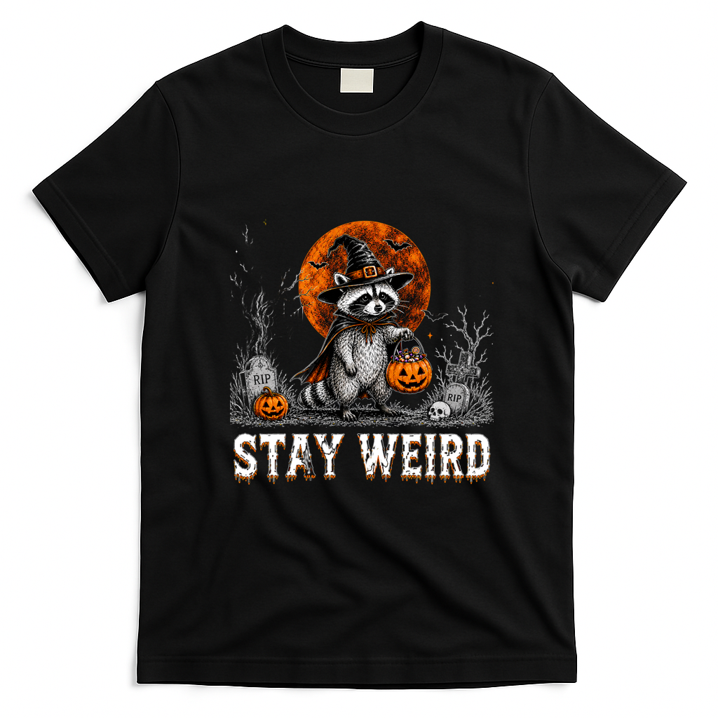 Stay Weird Halloween Raccoon Funny T-Shirt - Black