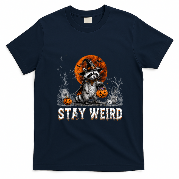 Stay Weird Halloween Raccoon Funny T-Shirt - Navy Blue