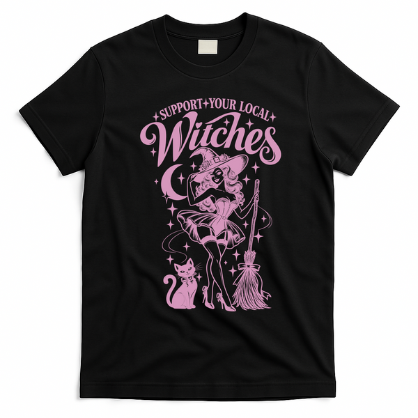 Support Your Local Witches Retro Halloween Vintage T-Shirt - Black