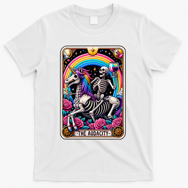 The Audacity Funny Tarot Card Sarcastic Skeleton Cool Popular Trendy Colorful Unicorn T-Shirt - White