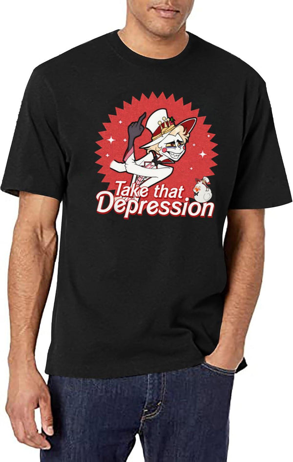 TAKE That Depression Shirt,Lucifer Morningstar Comfort Colors Shirt,Lucifer Hazbin Hotel Shirt,Lucifer Vivziepop Shirt Cartoon Black T-Shirt - White
