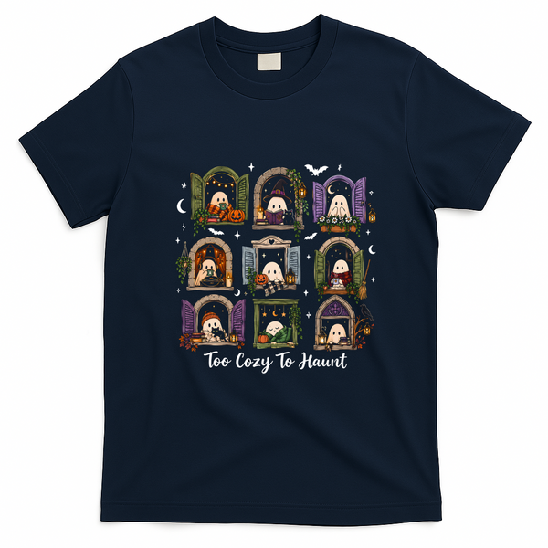 Too Cozy To Haunt Spooky Reading Ghost Halloween Bookish Fall T-Shirt - Navy Blue