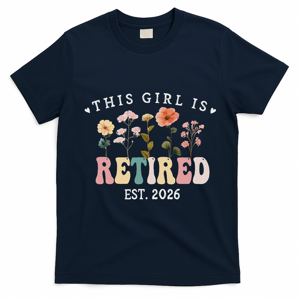This Girl Is Retired EST 2026 Retro Boho Flowers T-Shirt - Navy Blue