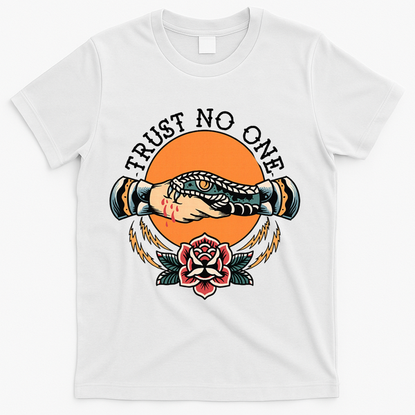 Trust No One Handshake Snake Traditional Tattoo Art T-Shirt - White