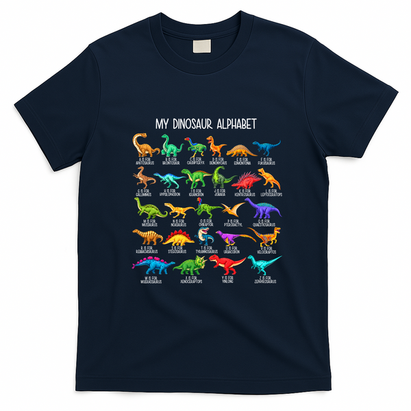 Types Of Dinosaurs Alphabet A-Z ABC Dino Identification T-Shirt - Navy Blue