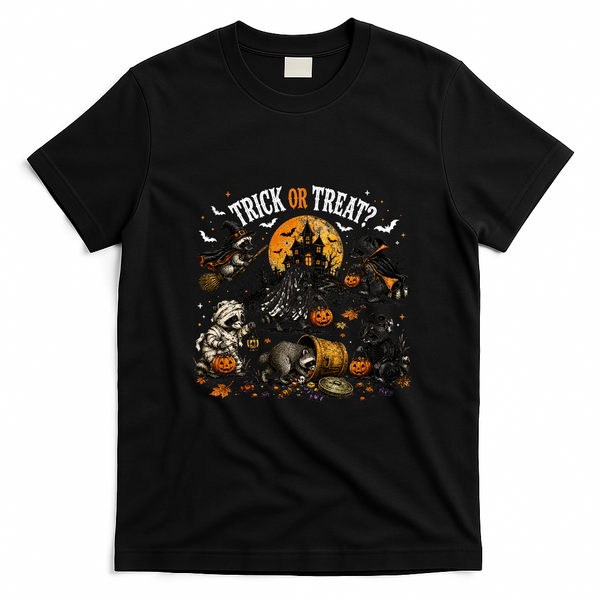 Trick Or Treat Raccoons Halloween Funny T-Shirt - Black