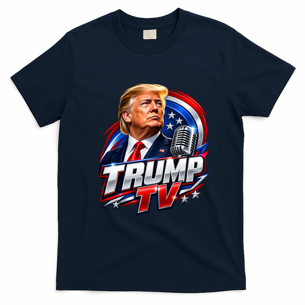 Trump TV Artwork with Patriotic Microphone Graphic T-Shirt - Navy Blue