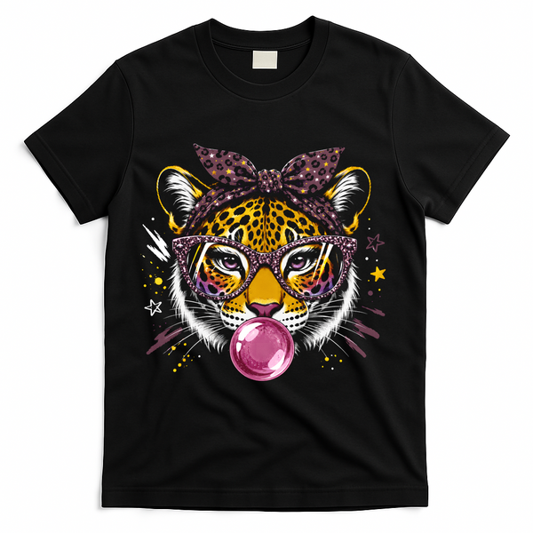 Tiger With Glasses Bubblegum And Pink Bow T-Shirt - Black