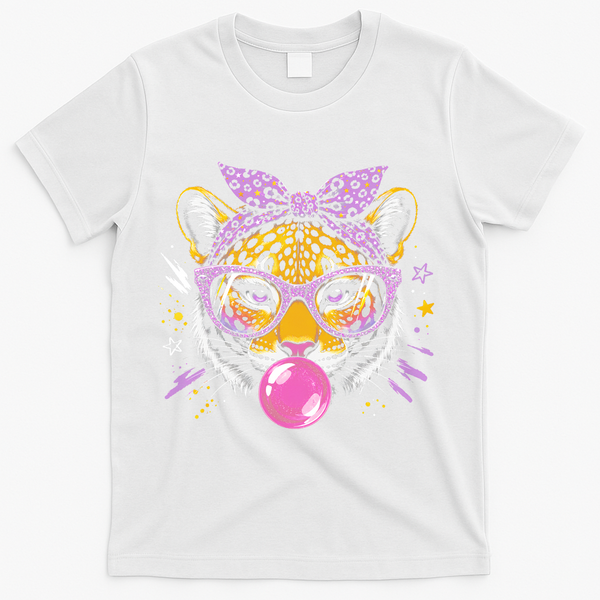 Tiger With Glasses Bubblegum And Pink Bow T-Shirt - White