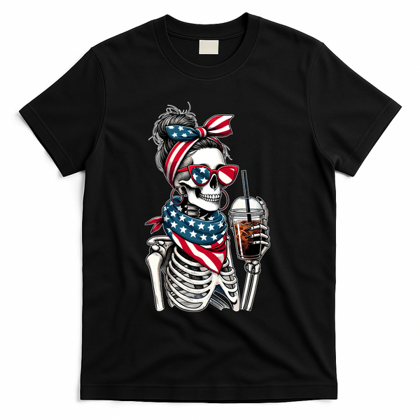 USA America Flag Skeleton Lady Coffee Lover T-Shirt - Black