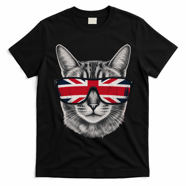 UK Cat Union Jack Flag United Kingdom Kitten England T-Shirt - Black