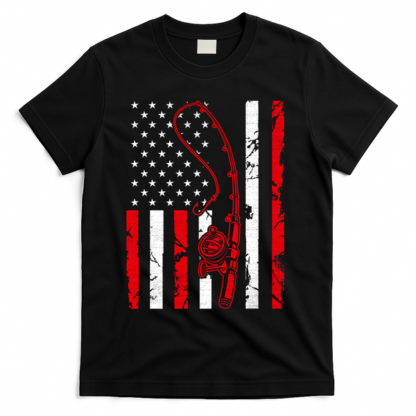 USA Fishing Flag Gift For Fisherman T-Shirt - Black