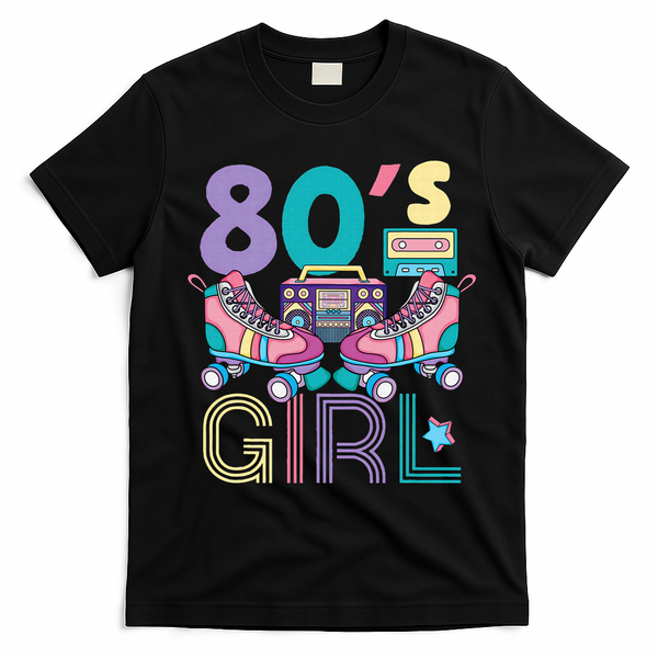 Vibrant 80's Girl Retro Roller Skates Throwback Vibe T-Shirt - Black