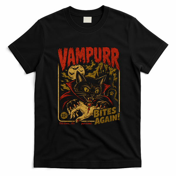 Vampurr Bites Again Halloween Vintage Retro T-Shirt - Black