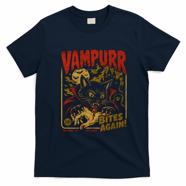 Vampurr Bites Again Halloween Vintage Retro T-Shirt - Navy Blue