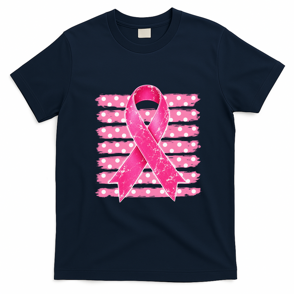 Vintage Breast Cancer Awareness Striped T-Shirt - Navy Blue
