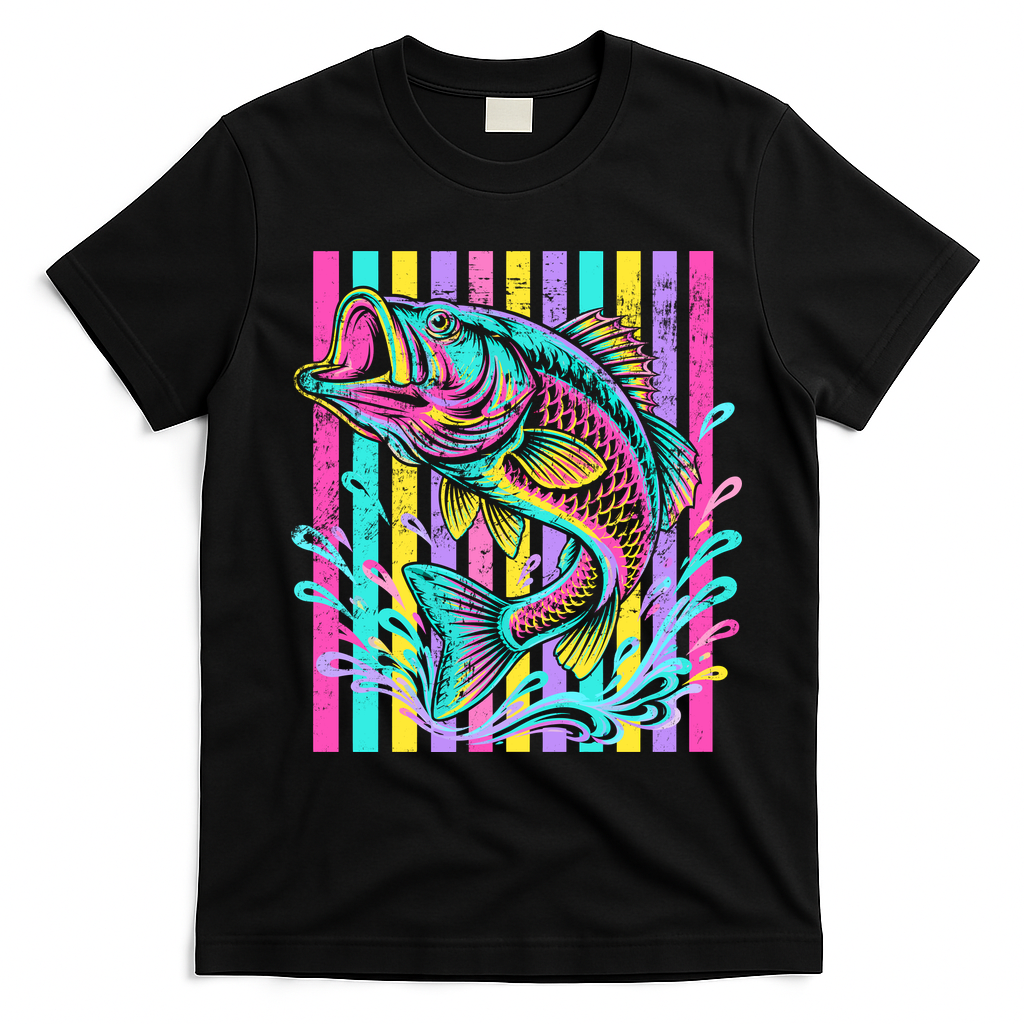 Vibrant Bass Fish Striped Retro Summer Beach Fishing T-Shirt - Black