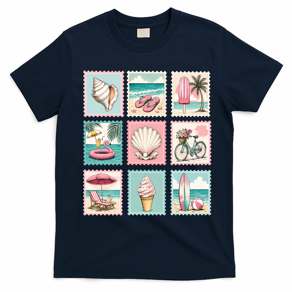 Vintage Beach Stamp Collection Art For Summer T-Shirt - Navy Blue