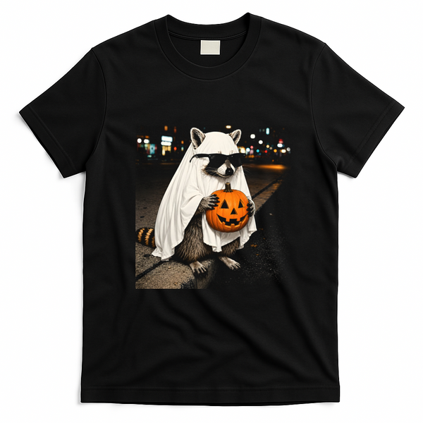 Vintage Cool Raccoon Ghost Costume Pumpkin T-Shirt - Black