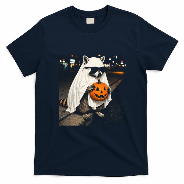 Vintage Cool Raccoon Ghost Costume Pumpkin T-Shirt - Navy Blue