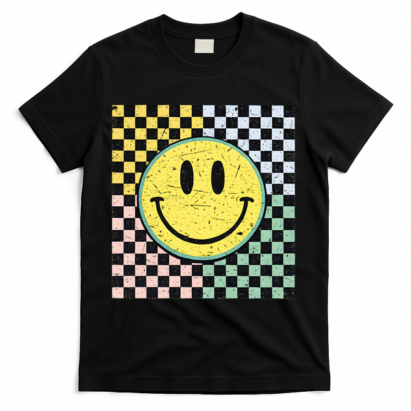 Vintage Checkered Smiling Face T-Shirt - Black