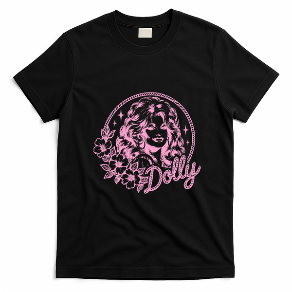 Vintage Dolly Floral Graphic Music Fans T-Shirt - Black