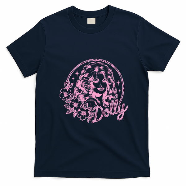 Vintage Dolly Floral Graphic Music Fans T-Shirt - Navy Blue