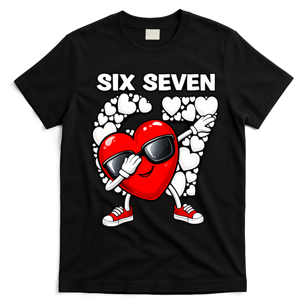 Valentines Day Hearts Dabbing Six Seven 67 Meme T-Shirt - Black