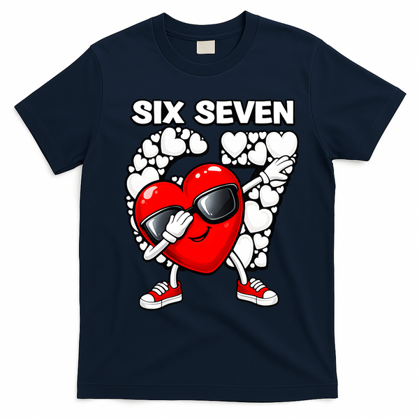 Valentines Day Hearts Dabbing Six Seven 67 Meme T-Shirt - Navy Blue