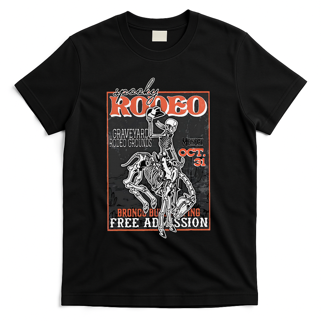 Vintage Funny Western Skeleton Halloween Cowboy Spooky Rodeo T-Shirt - Black