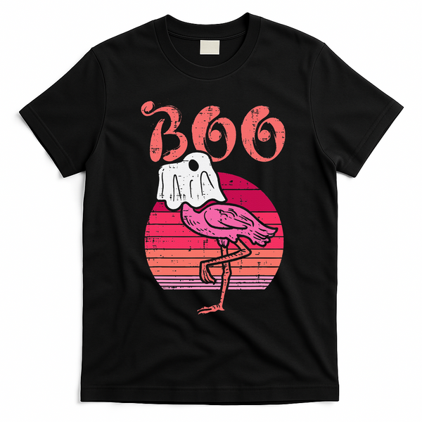 Vintage Halloween Flamingo Ghost Sunset Print T-Shirt - Black