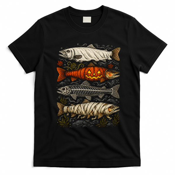 Vintage Halloween Fish Pumpkin And Mummy Cool T-Shirt - Black