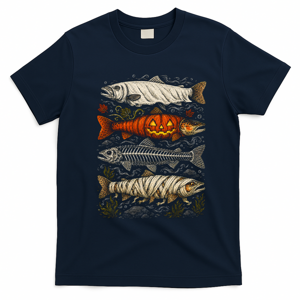 Vintage Halloween Fish Pumpkin And Mummy Cool T-Shirt - Navy Blue