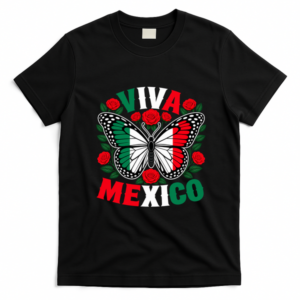 Viva Mexico Mexican Independence Day Butterfly Flag T-Shirt - Black