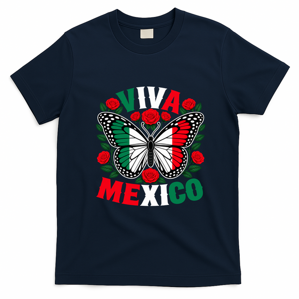 Viva Mexico Mexican Independence Day Butterfly Flag T-Shirt - Navy Blue