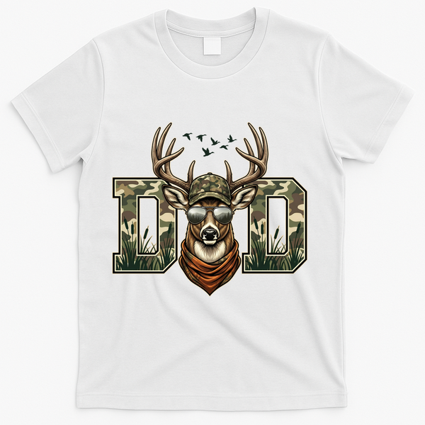 Varsity Style Camo Dad Deer Buck Hunter Fathers Day T-Shirt - White