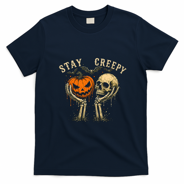 Vintage Stay Creepy Pumpkin And Skull Halloween T-Shirt - Navy Blue