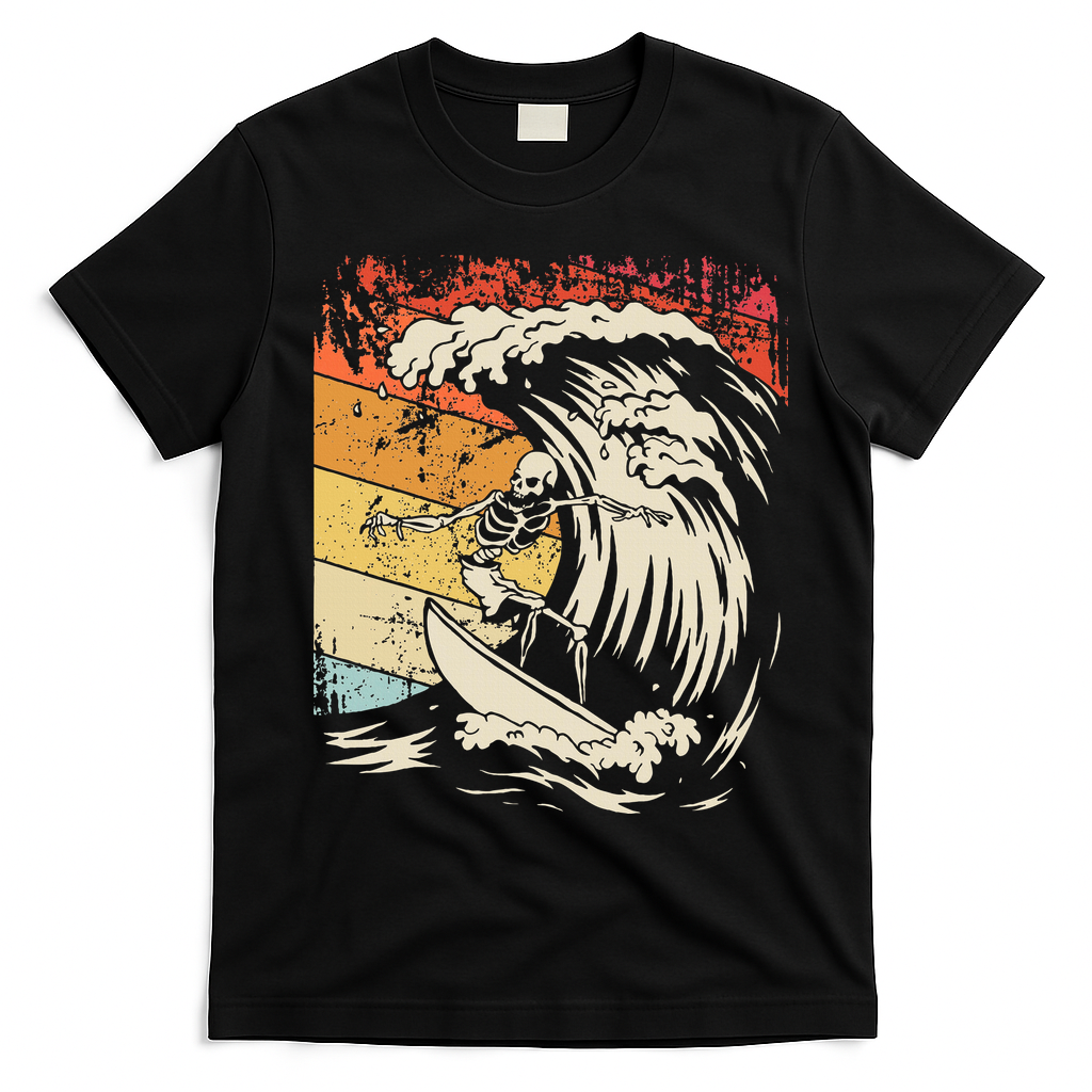 Vintage Surfing Skeleton Halloween Surfboard T-Shirt - Black
