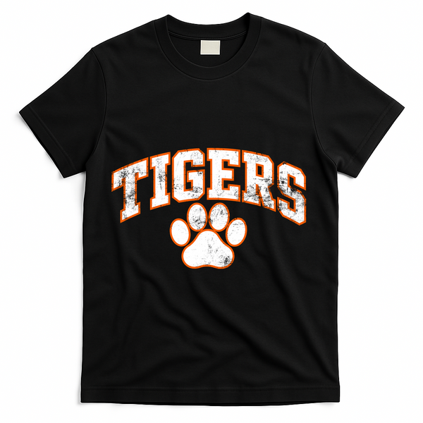 Vintage Tigers Paw Print Graphic Sports T-Shirt - Black