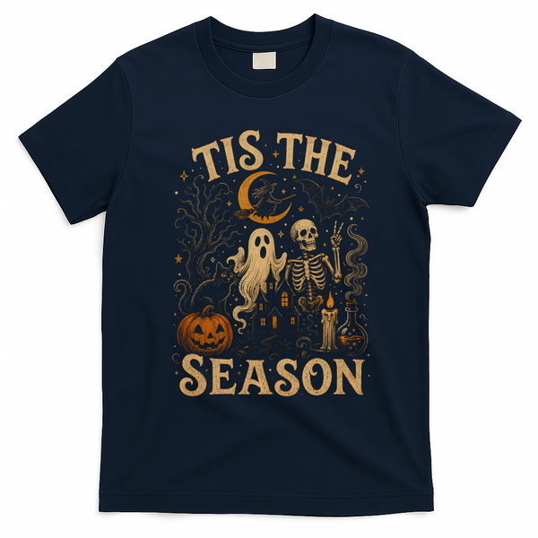 Vintage Tis The Season Halloween Ghosts Skeletons T-Shirt - Navy Blue