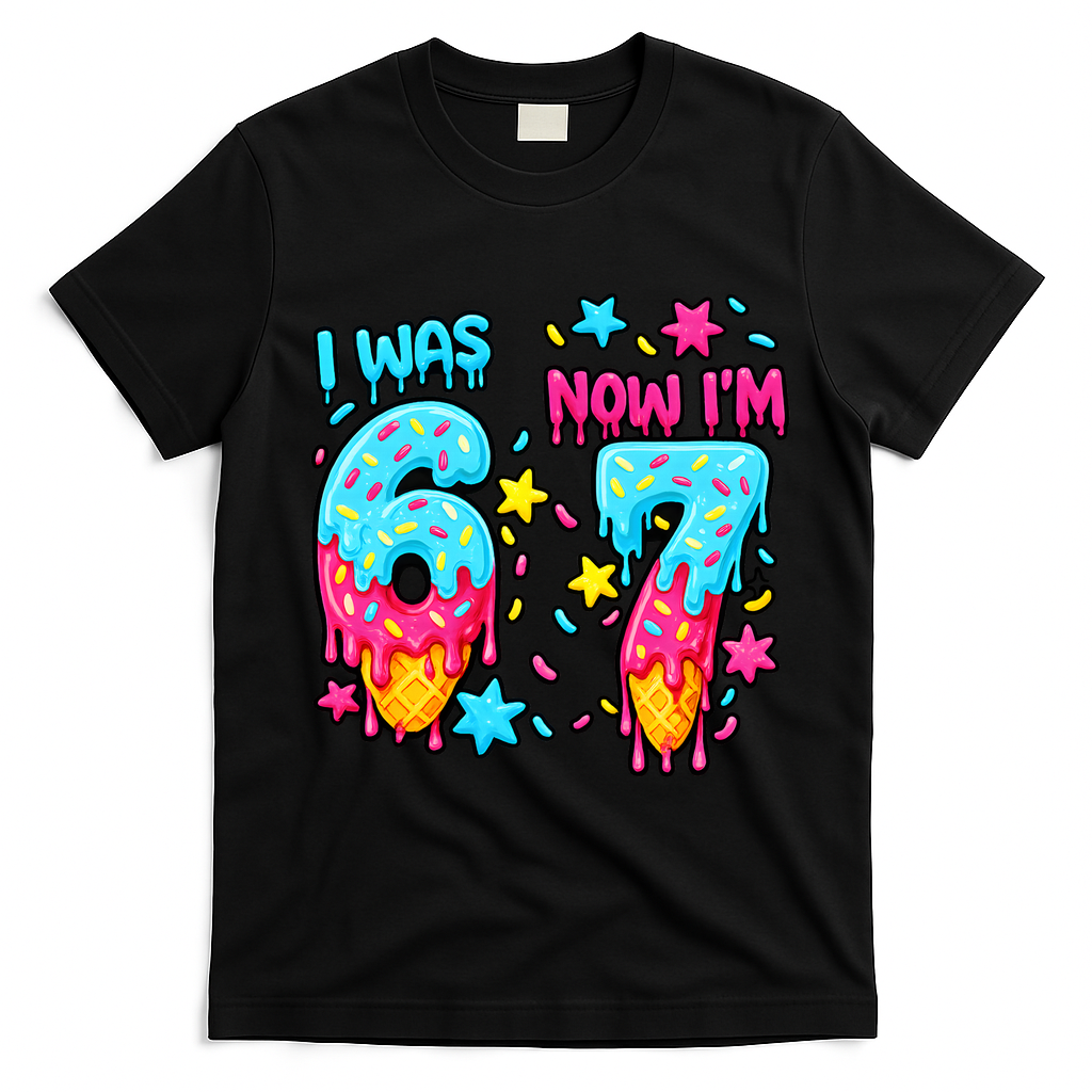 Was 6 Now I'm 7th Birthday Ice Cream Drip 6-7 Meme T-Shirt - Black