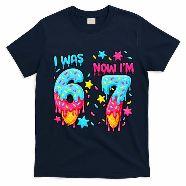 Was 6 Now I'm 7th Birthday Ice Cream Drip 6-7 Meme T-Shirt - Navy Blue