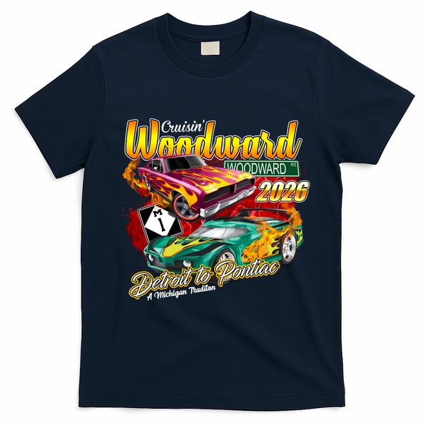 Woodward Avenue 2026 Detroit to Pontiac Racing Cars T-Shirt - Navy Blue