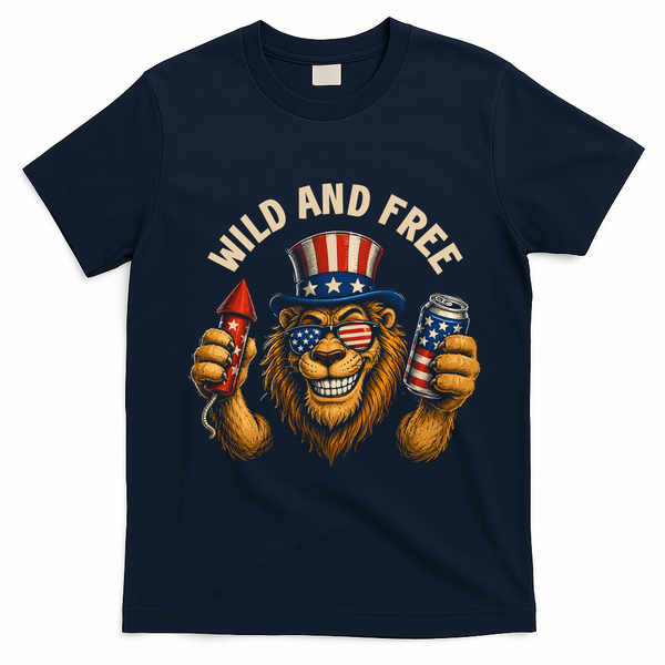 Wild And Free Patriotic Lion USA T-Shirt - Navy Blue