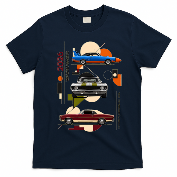 Woodward Ave M1 Classic Cars Art Deco 2026 T-Shirt - Navy Blue