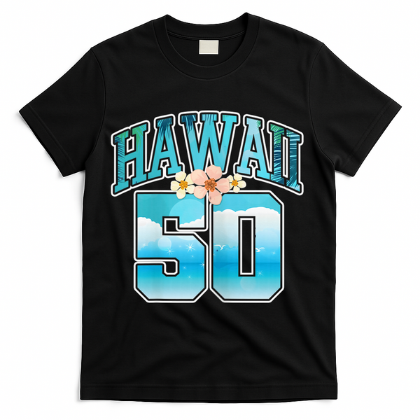 Wo Hawaii 50 50th Birthday Hawaiian Aloha Beach Hibiscus T-Shirt - Black